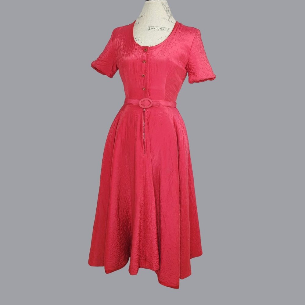 Vintage 60s Raymond Red Quilted Dress X Small Fit Flare